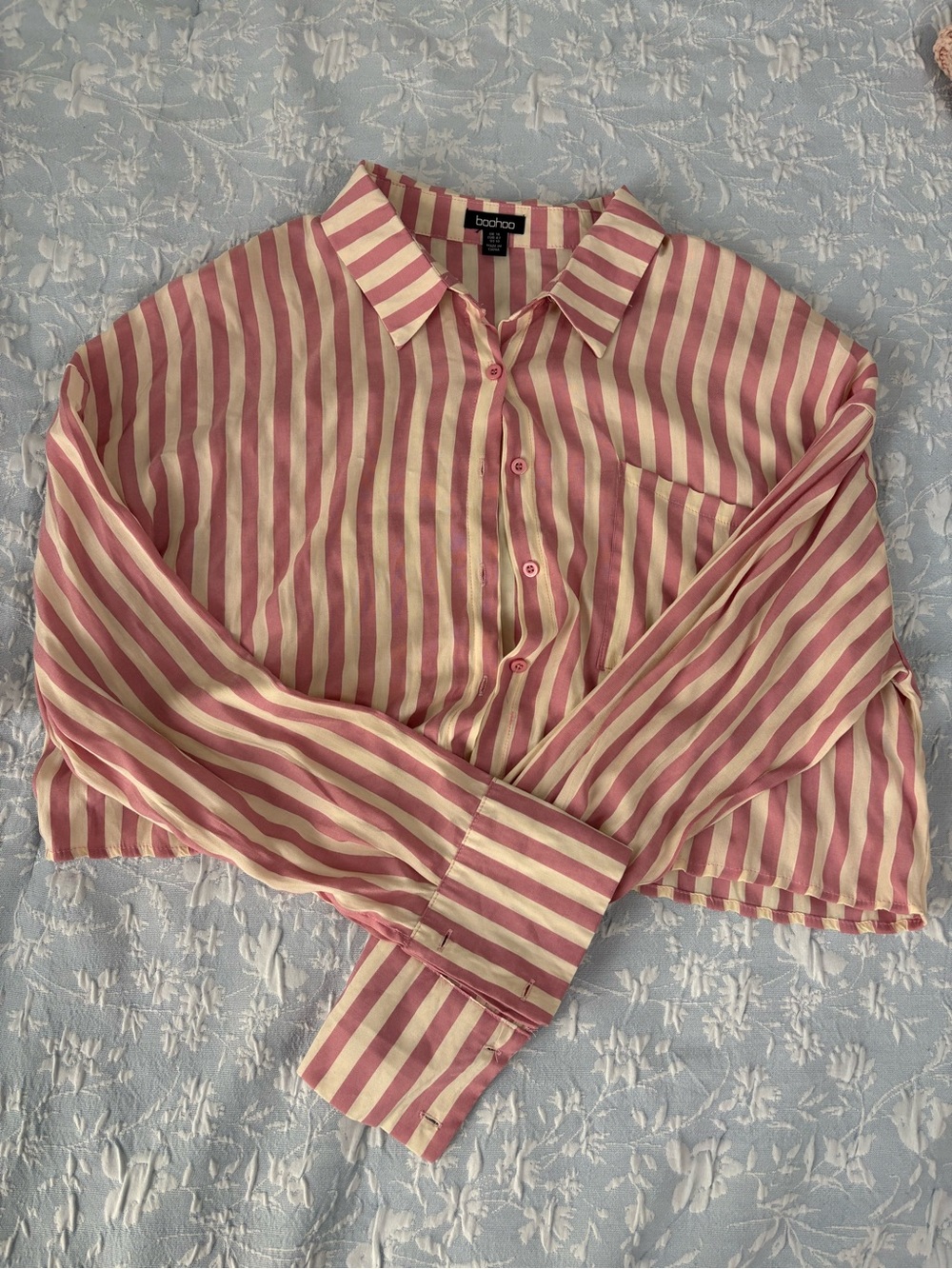 boohoo Pink and Cream Striped Crop Button-Down Shirt